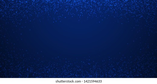 Magic stars Christmas background. Subtle flying snow flakes and stars on dark blue night background. Bewitching winter silver snowflake overlay template. Creative vector illustration.