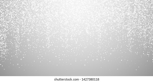 Magic stars Christmas background. Subtle flying snow flakes and stars on light grey background. Actual winter silver snowflake overlay template. Curious vector illustration.