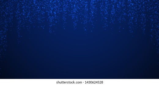 Magic stars Christmas background. Subtle flying snow flakes and stars on dark blue night background. Attractive winter silver snowflake overlay template. Exceptional vector illustration.