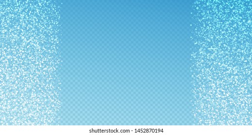 Magic stars Christmas background. Subtle flying snow flakes and stars on blue transparent background. Appealing winter silver snowflake overlay template. Captivating vector illustration.