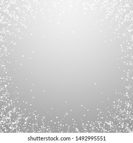 Magic stars Christmas background. Subtle flying snow flakes and stars on light grey background. Amusing winter silver snowflake overlay template. Fresh vector illustration.