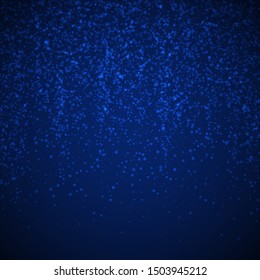 Magic stars Christmas background. Subtle flying snow flakes and stars on dark blue night background. Bizarre winter silver snowflake overlay template. Beauteous vector illustration.