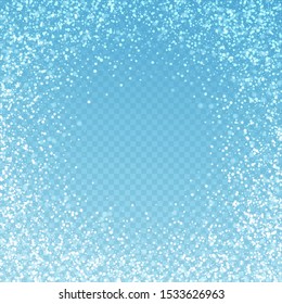 Magic stars Christmas background. Subtle flying snow flakes and stars on blue transparent background. Amusing winter silver snowflake overlay template. Bewitching vector illustration.