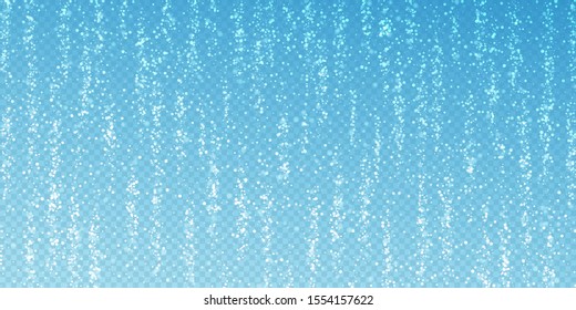 Magic stars Christmas background. Subtle flying snow flakes and stars on transparent blue background. Admirable winter silver snowflake overlay template. Indelible vector illustration.