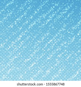 Magic stars Christmas background. Subtle flying snow flakes and stars on blue transparent background. Adorable winter silver snowflake overlay template. Valuable vector illustration.