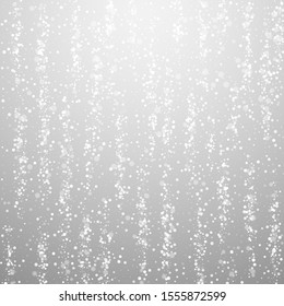 Magic stars Christmas background. Subtle flying snow flakes and stars on light grey background. Alive winter silver snowflake overlay template. Eminent vector illustration.