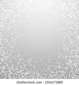 Magic stars Christmas background. Subtle flying snow flakes and stars on light grey background. Amusing winter silver snowflake overlay template. Bold vector illustration.