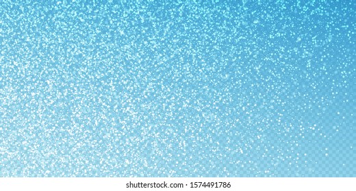 Magic stars Christmas background. Subtle flying snow flakes and stars on transparent blue background. Adorable winter silver snowflake overlay template. Vibrant vector illustration.