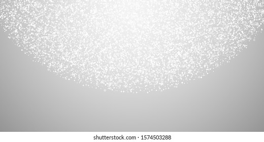 Magic stars Christmas background. Subtle flying snow flakes and stars on light grey background. Alive winter silver snowflake overlay template. Decent vector illustration.