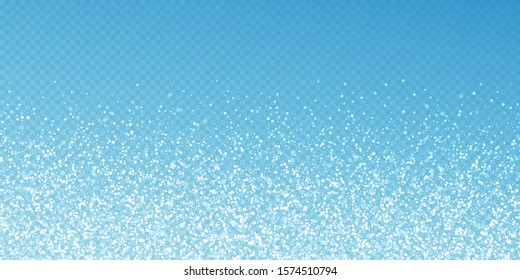 Magic stars Christmas background. Subtle flying snow flakes and stars on transparent blue background. Adorable winter silver snowflake overlay template. Marvelous vector illustration.
