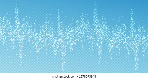 Magic stars Christmas background. Subtle flying snow flakes and stars on transparent blue background. Actual winter silver snowflake overlay template. Interesting vector illustration.