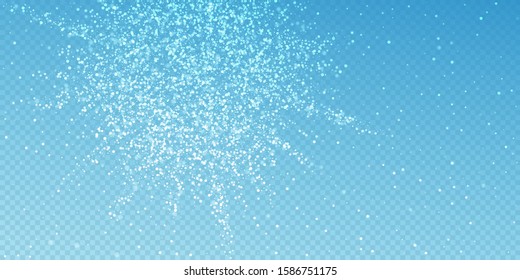 Magic stars Christmas background. Subtle flying snow flakes and stars on transparent blue background. Actual winter silver snowflake overlay template. Artistic vector illustration.