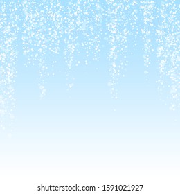 Magic stars Christmas background. Subtle flying snow flakes and stars on winter sky background. Beauteous winter silver snowflake overlay template. Marvelous vector illustration.