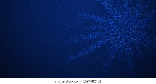 Magic stars Christmas background. Subtle flying snow flakes and stars on dark blue night background. Artistic winter silver snowflake overlay template. Extra vector illustration.