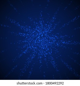 Magic stars Christmas background. Subtle flying snow flakes and stars on dark blue night background. Admirable winter silver snowflake overlay template. Adorable vector illustration.