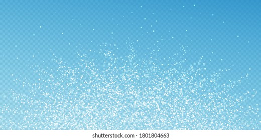El fondo navideño de las estrellas mágicas. Sutiles copos de nieve volando y estrellas con fondo azul transparente. Impresionante plantilla de overlay de copos de nieve de plata de invierno. Ilustración vectorial activa.