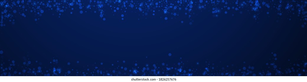Magic stars Christmas background. Subtle flying snow flakes and stars on dark blue background. Breathtaking winter silver snowflake overlay template. Flawless panoramic illustration.
