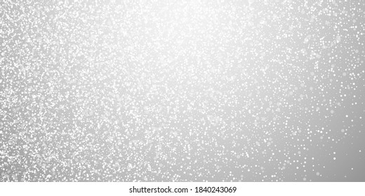 Magic stars Christmas background. Subtle flying snow flakes and stars on light grey background. Adorable winter silver snowflake overlay template. Unusual vector illustration.