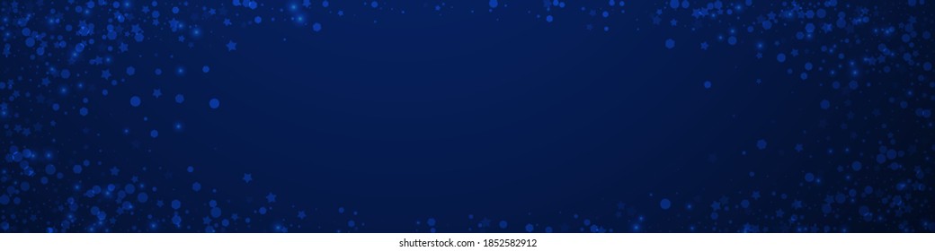 Magic stars Christmas background. Subtle flying snow flakes and stars on dark blue background. Brilliant winter silver snowflake overlay template. Unique panoramic illustration.