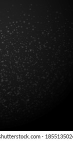 Magic stars Christmas background. Subtle flying snow flakes and stars on black background. Appealing winter silver snowflake overlay template. Charming vertical illustration.