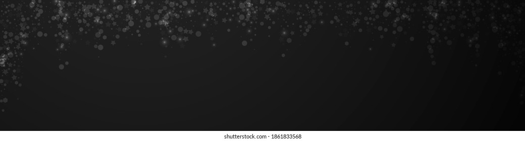 Magic stars Christmas background. Subtle flying snow flakes and stars on black background. Breathtaking winter silver snowflake overlay template. Modern panoramic illustration.