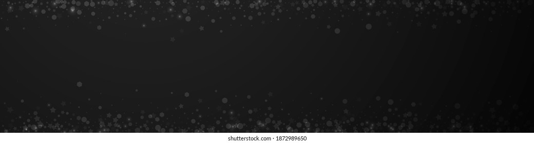 Magic stars Christmas background. Subtle flying snow flakes and stars on black background. Bizarre winter silver snowflake overlay template. Gorgeous panoramic illustration.