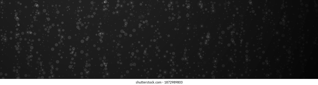 El fondo navideño de las estrellas mágicas. Sutiles copos de nieve volando y estrellas de fondo negro. Moda de superposición de copos de nieve de plata de invierno audaz. Ilustración panorámica similar.