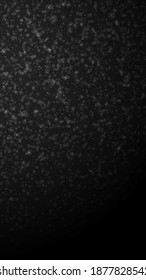 Magic stars Christmas background. Subtle flying snow flakes and stars on black background. Amusing winter silver snowflake overlay template. Pleasing vertical illustration.