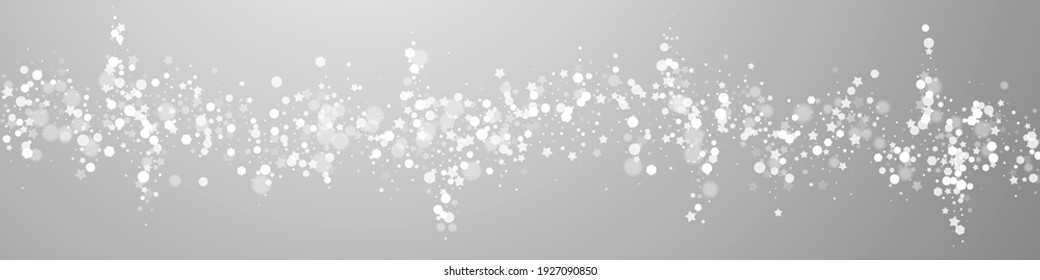 Magische Sterne Weihnachtshintergrund. Subtile fliegende Schneeflocken und Sterne auf grauem Hintergrund. Atemberaubende Winterschneeflocke. Schöne Panoramagrafik.