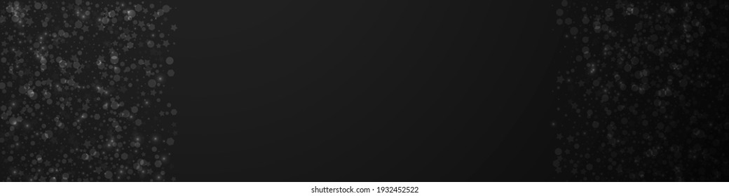 Magic stars Christmas background. Subtle flying snow flakes and stars on black background. Bizarre winter silver snowflake overlay template. Original panoramic illustration.