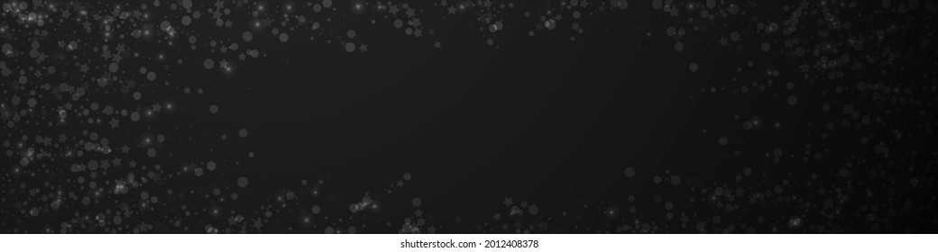 Magic stars Christmas background. Subtle flying snow flakes and stars on black background. Captivating winter silver snowflake overlay template. Fabulous panoramic illustration.