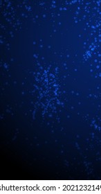 Magic stars Christmas background. Subtle flying snow flakes and stars on dark blue background. Adorable winter silver snowflake overlay template. Surprising vertical illustration.