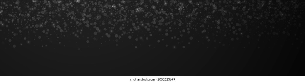 Magic stars Christmas background. Subtle flying snow flakes and stars on black background. Brilliant winter silver snowflake overlay template. Enchanting panoramic illustration.