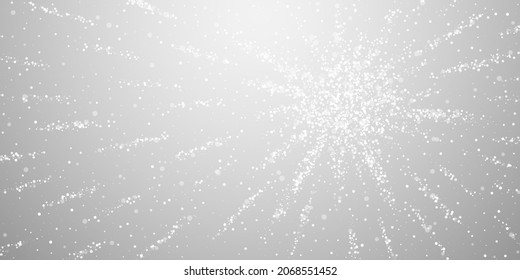 El fondo navideño de las estrellas mágicas. Sutiles copos de nieve volando y estrellas en fondo gris claro. Impresionante plantilla de overlay de copos de nieve de plata de invierno. Ilustración vectorial creativa.