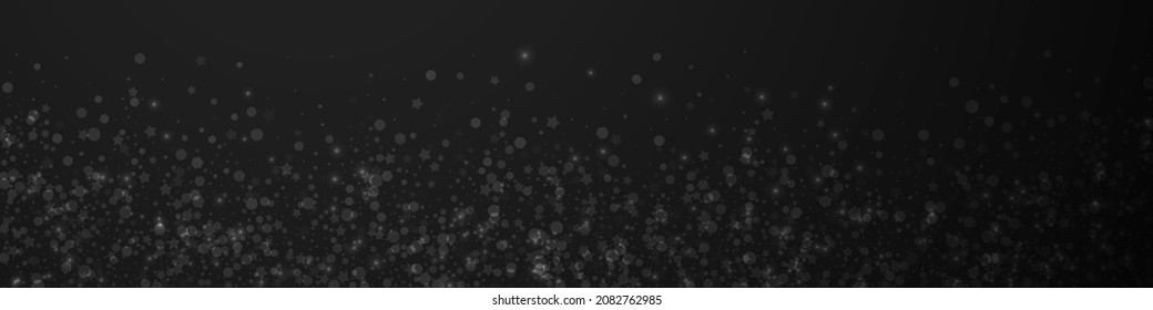 Magic stars Christmas background. Subtle flying snow flakes and stars on black background. Breathtaking winter silver snowflake overlay template. Cute panoramic illustration.
