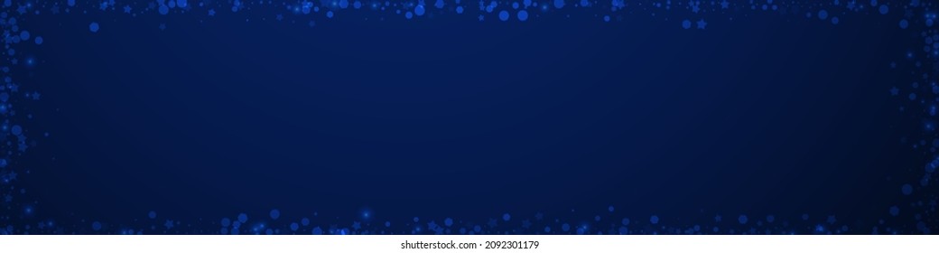 Magic stars Christmas background. Subtle flying snow flakes and stars on dark blue background. Brilliant winter silver snowflake overlay template. Awesome panoramic illustration.