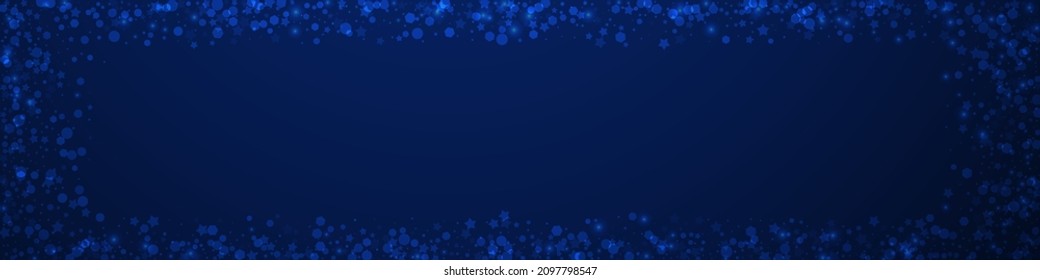 Magic stars Christmas background. Subtle flying snow flakes and stars on dark blue background. Breathtaking winter silver snowflake overlay template. Sublime panoramic illustration.
