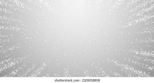 Magic stars Christmas background. Subtle flying snow flakes and stars on light grey background. Beautiful winter silver snowflake overlay template. Powerful vector illustration.