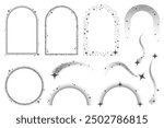 Magic stars elements with sparks and celestial frames. Vector shapes with glitter. Bohemian mystic graphic with glowing starburst. Decorative abstract arches set.