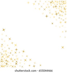 Magic stars golden glitter sparkles vector pattern. Corners frame, cosmic abstract vector pattern with gold confetti elements on white. Decorative card border.