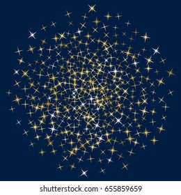 Magic stars golden glitter sparkles vector pattern. Cosmic night sky objects background. Decorative firework pattern on dark blue night sky, salute. Sparkles glitter fireworks design.