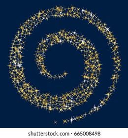 Magic stars golden glitter sparkles vector pattern. Cosmic night sky objects background. Spiral, helix illustration for holiday greeting card. Sparkles loop, scroll graphic design on dark blue.