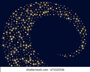 Magic stars golden glitter sparkles vector pattern. Cosmic night sky objects background. Spiral, helix illustration for holiday banner. Sparkles loop, scroll graphic design on dark blue.