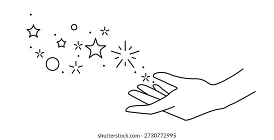 Magic stars in hand. Palm hold or gives celestial body. Line art style.