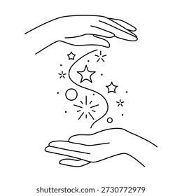 Magic stars in hands. Palms hold or gives celestial body. Line art style isolated human hand.