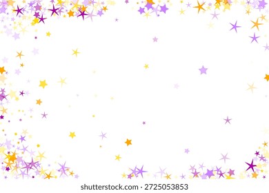 Estrelas mágicas apresentam fundo vetorial de explosão. Elementos de decoração de aniversário em cores amarelo violeta. Fragmentos aleatórios de estrelas da galáxia. Conceito de alegria. Aura deslumbrante sonho alegre.