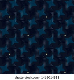 Magic stars pattern creative camouflage design. Monotone blue modern hatching houndstooth, pie de poul motif. Simple geometric all over print block for apparel textile, female dress fabric, mens shirt