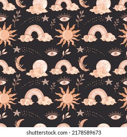 Magic stars pattern on black background with suns, rainbow and moon. Vector illustration
