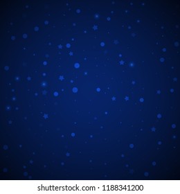 Magic stars random Christmas background. Subtle flying snow flakes and stars on dark blue night background. Alive winter silver snowflake overlay template. Enchanting vector illustration.