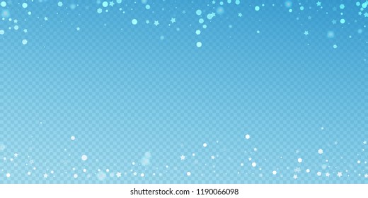 Magic stars random Christmas background. Subtle flying snow flakes and stars on blue transparent background. Authentic winter silver snowflake overlay template. Graceful vector illustration.